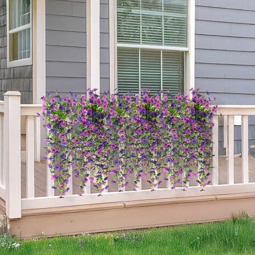 Artificial Hanging Flowers for Outdoors, 2 Pcs Fake Hanging Plants Spring Summer Decor, UV Resistant No Fade Faux Silk Daisy Flower for Planters Front Door Porch Patio Yard Garden(Double Purple)