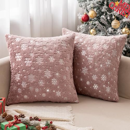 MIULEE Christmas Decorations Pillow Covers 16x16 Pink Silver Snowflake