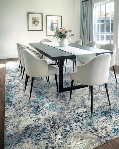 Washable Area Rug for Living Room: 9x12 Modern Abstract Neutral Soft Rug for Bedroom Dining Room No Slip Low Pile Carpet for Nursery Home Office - Grey/Blue
