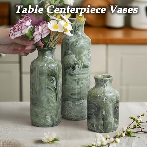 YMXYJM Resin 3 Piece Vase Set, Farmhouse Decor, Home Decorative Vase, Vases for Your Kitchen, Bedroom, Office, Living Room, Bathroom, & Shelf Centerpiece Table Decorations, Green