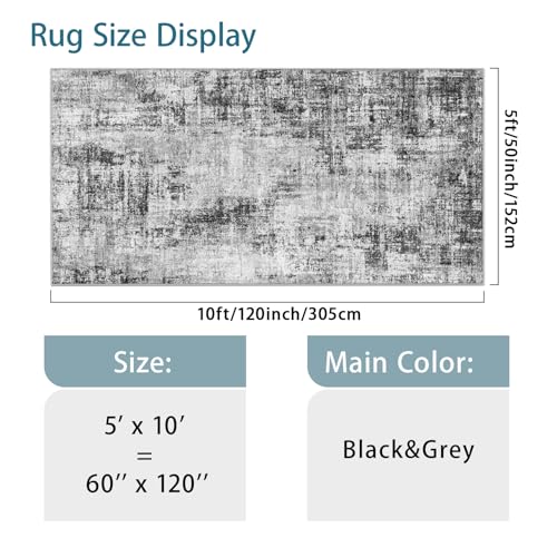 5x10 Rug for Living Room: Non-Slip Washable Hallway Runner Rug Black