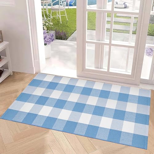 Front Porch Rug 24''x51''Light Blue and White Outdoor Rug Cotton Woven Washable Door Mat Outdoor for Layered Hello Welcome Door Mat Kitchen Farmhouse Entryway