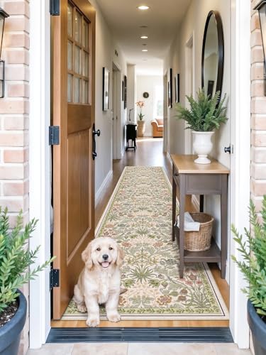 2x10 Floral Runner Rug for Hallways: Non-Slip Machine Washable Long Rugs Boho Soft Rugs for Kitchen,Laundry,Bedroom,Bathroom - Botanical Low Pile Indoor Carpet Runners with Rubber Backing 2x10 Beige