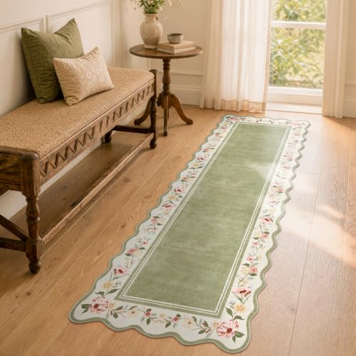 Lahome Green Hallway Runner Rug 2x8, Scalloped Floral Runner