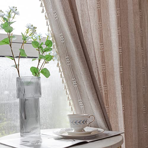 Linen Curtains 84 Inches Long - Embroidery Striped Farmhouse for Living Room, Tassel Boho for Bedroom, Light Filtering 2 Panels Set Rod Pocket Drapes (52" W x 84" L, Khaki)