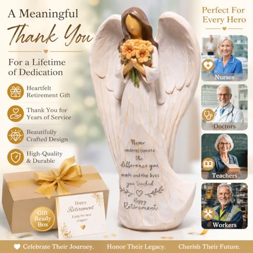 Hodao Retirement Gift for Woman, Angel Figurine with Inspirational Sentiment, Hand-Painted Resin Retirement Keepsake for Coworker, Teacher, Nurse, Friend, Retirement Party Decoration