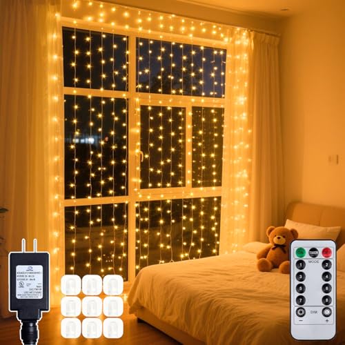 200 LED Warm White Curtain String Lights 9.8x6.6FT, Plug in Fairy Lights with 9 Hooks, Dimmable, Timer & 8 Modes, IP44 Waterproof, Bedroom Wall Wedding Party Christmas Indoor Outdoor Decor