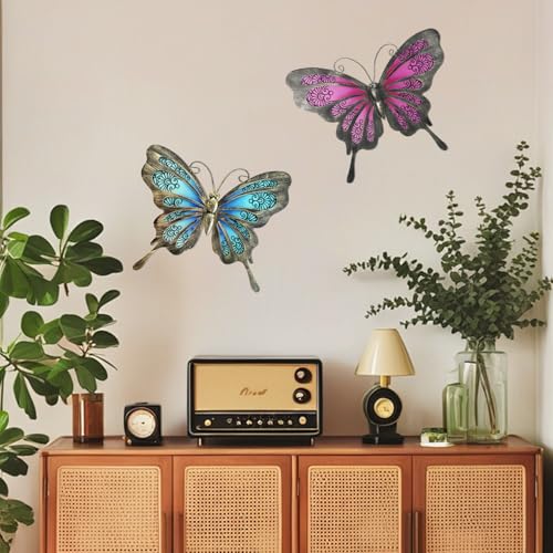 LIFFY Metal Butterfly Wall Decor,2Pack 12" Glass Butterfly Outdoor Wall Art Sculptures,Hanging Garden Decor Outside for Home,Yard,Fence,Patio