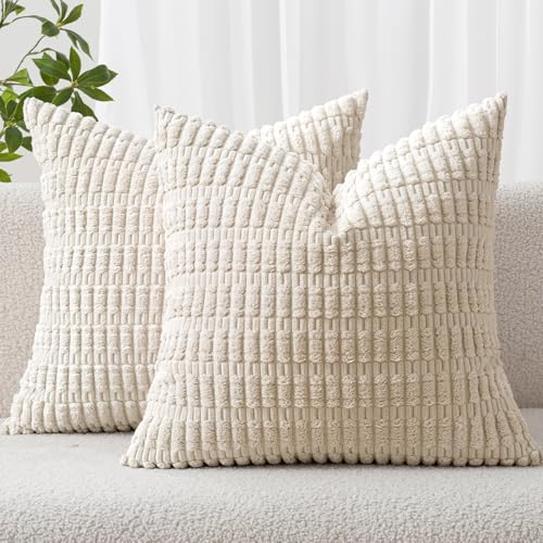 MIULEE Pack of 2 Corduroy Decorative Throw Pillow Covers 20x20 Inch Soft Boho Striped Pillow Covers Modern Farmhouse Home Decor for Sofa Living Room Couch Bed Cream White