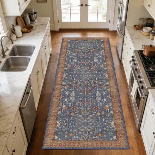 2'6 x 10' Runners Rug for Kitchen Washable (Indigo Terracotta)