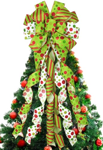 Wninbu Christmas Tree Topper Bow Wreath, 44 x 13 Inches Large Bow Tree Topper, Glitter Red and Green Christmas Wreath for Tree Indoor Outdoor Christmas Decoration