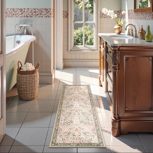 Boho Floral Birds Laundry Room Rug Runner 2x5, Washable Kitchen Runner Rug Non Skid, Soft Flower Indoor Carpet Runner for Bathroom Entrance Entryway Bedroom Dorm, Olive Green