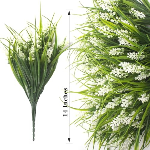 Grunyia 20 Bundles Artificial Plants Outdoor Fake Monkey Grass with Flowers (White)