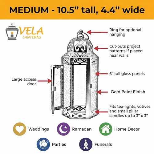 Vela Lanterns Decorative Indoor Moroccan Candle Holder, Gold Red, M