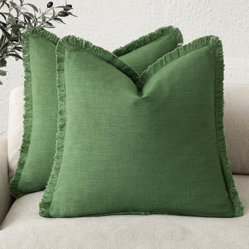 Foindtower Decorative Linen Fringe Throw Pillow Covers 22×22 Forest Green