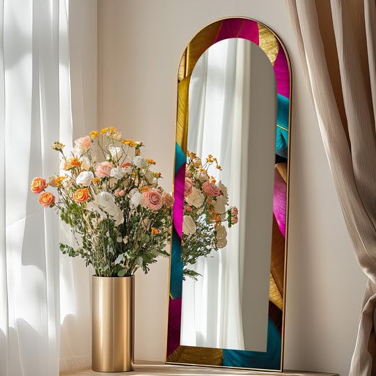 23,5’’W x 67’’H Obsidian Echo – Black Marble Texture Floor Mirror Full Lenght Mirror - Arched Full Lenght Mirror - Arch Full Body Stained Floor Mirror with Black Frame