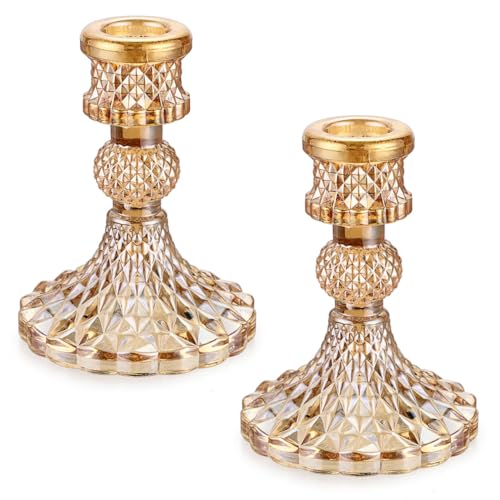 OwnMy Gold Glass Taper Candle Holders Decorative Glass Candlestick Holders