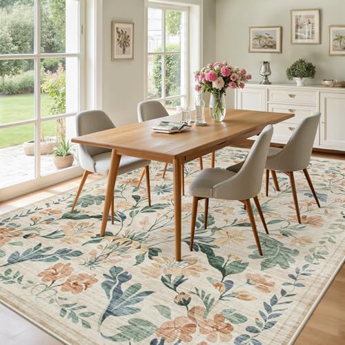 8x10 Area Rugs Washable Rug: Large Boho Living Room Rug Soft Non-Slip Low Pile Carpet Indoor Floor Non-Shedding Neutral Floral Carpets for Bedroom Dining Room Farmhouse Nursery Beige