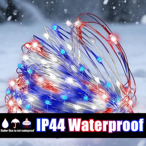 100 LED String Lights 33FT (10M) with Copper Wire, Waterproof Battery Box, Multifunctional Modes Lighting (Red, White, Blue) for Nation Day