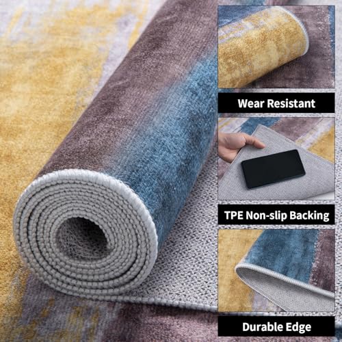 6ft Round Rugs for Living Room, Modern Abstract Washable Rug Yellow