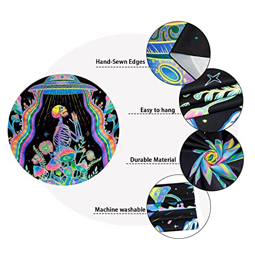 Galoker Blacklight Skeleton Tapestry Fantasy Plant Floral Tapestries UV Reactive Alien UFO Tapestry Galaxy Space Tapestries Wall Hanging for Home Decor(H51.2×W59.1 inches)