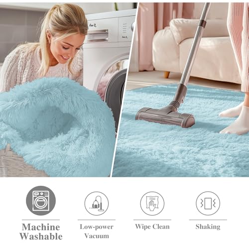 OLANLY Light Blue Round Rugs for Bedroom - Machine Washable, 9 ft Circle Area Rugs for Living Room, Soft and Fluffy Shaggy Carpet for Teen Girl and Boys, Nursery Rooms, Dorms, Home Decor Aesthetic