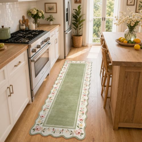 Lahome Green Hallway Runner Rug 2x8, Scalloped Floral Runner