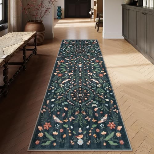 Lahome Washable Insect Botanical 2'6"x10' Runner Rug for Entryway - Machine Washable Non-Slip Hallway Runner Rug, Black Boho Low Profile Soft Faux Wool Carpets for Bedroom, Hallway, Laundry, Kitchen