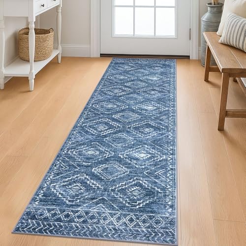 KILOCOCO Runner Rug 2x6 Non Slip Washable Runner for Hallway Kitchen Runners Soft Printed Low-Pile Machine Washable Foldable Floor Blue Runners Rug for Entryway Bedroom Living Room Bathroom