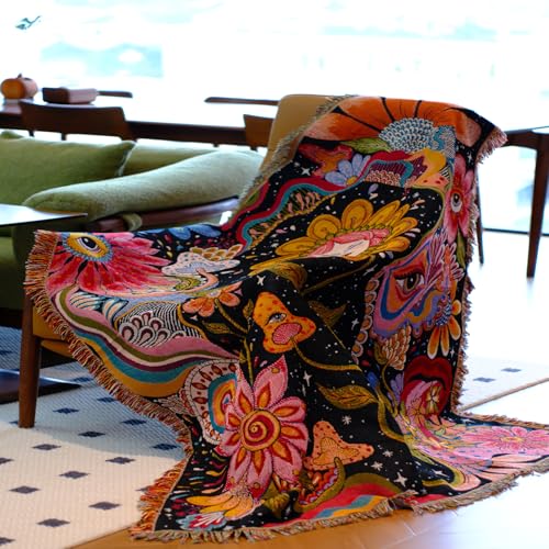 Hippie Flower Boho Throw Blanket for Couch Bed Chair Lounge Hippie Room Decor Reversible Cotton Woven Whimsical Throw Blanket Witchy Room Decor Throws Bed Spread Outdoor Camping Blanket 51x59 Inches