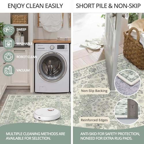 3x8 Non-Slip Washable Kitchen Vintage Runner Rug, Sage Green