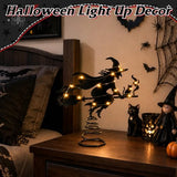Halloween Witch Tree Topper with LED Lights,9 Inch Black Iron Flying Broom Witch Tree Topper,Spooky Light Up Halloween Ornament for Christmas Treetops and Home Party Supplies
