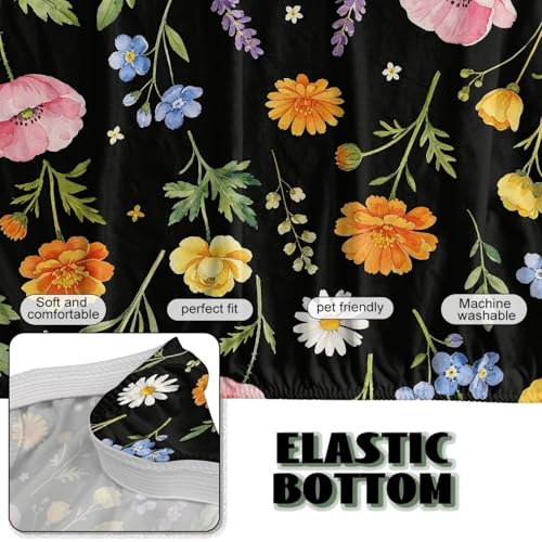 GLENLCWE Black Wildflowers Print Armless Futon Cover Stretch Elastic Bottom Non-Armrest Couch Slipcover Durable Furniture Protector Colorfiul Floral Style for Living Room