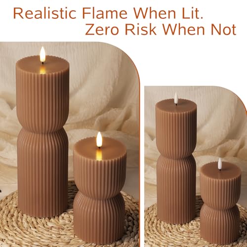 Brown Ribbed Fall Flameless Pillar Candles with Remote Set of 2