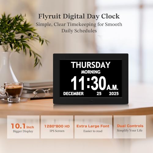 7" Black& 10.1" Black Dementia Clock Set (2-Pack) - Large Digital Display with Date/Time, Auto Dimming, 6 Alarms, Remote Control