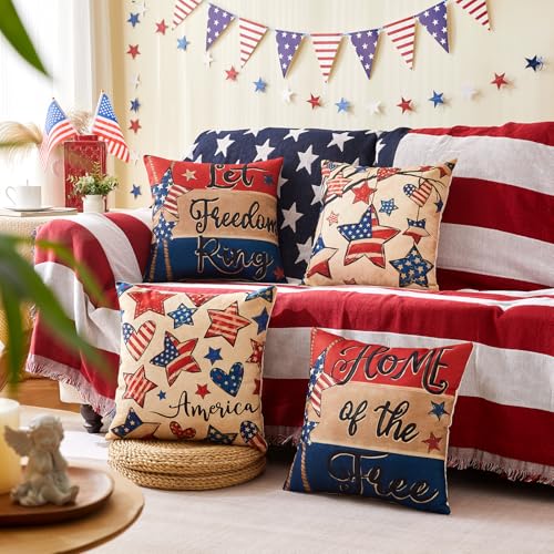 Patriotic Pillow Covers 18x18 Inch,4th of July Red White Blue Summer Outdoor Throw Pillow Covers Set of 4,Independence Memorial Day USA Flag Retro Fourth of July Cushion Case for Sofa Couch Decor