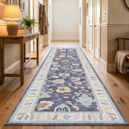 Fame Rugs Modern Oushak Rug 2'5x10, Vintage Turkish Navy Blue Oriental Antique Inspired Runner Rugs, Washable Foldable Luxury Living Room Bedroom (388NB, 2'5 x 9'8)