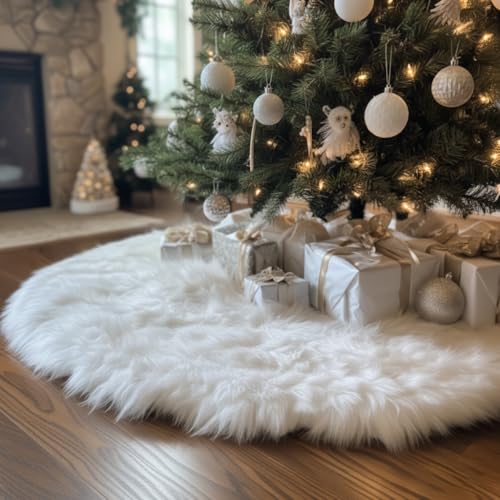 48 Inch White Faux Fur Christmas Tree Skirt, Luxury Plush Tree Base Cover for Holiday Party and Home Christmas Decor