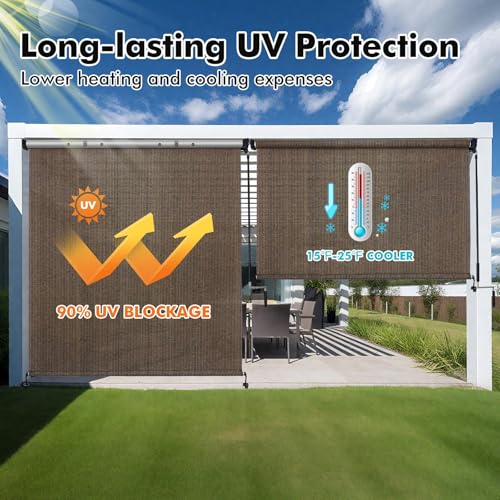 Artpuch Outdoor Roller Shades with Splicing Design, 10' W x 8' H Exterior Cordless Patio Shades Roll Up Blinds for Porch, Gazebo, Pergola, Balcony, Mocha