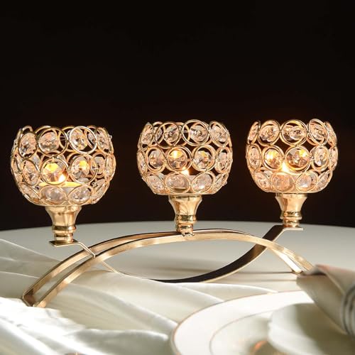 Crystal Tealight Candle Holder Centerpiece Home Decorative Candlestick Holder Elegant Table Centerpiece Home Decor Wedding Party Anniversary (Gold, 3 Arm of 4 Pcs)