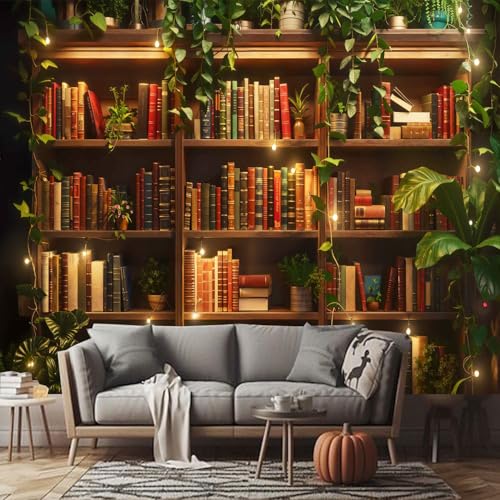 Algasan Green Plant Bookshelf Tapestry, Vintage Library Bookcase Book Tapestries Aesthetic for Bedroom Dorm Study Room Decor, 80 W x 60 H Inch