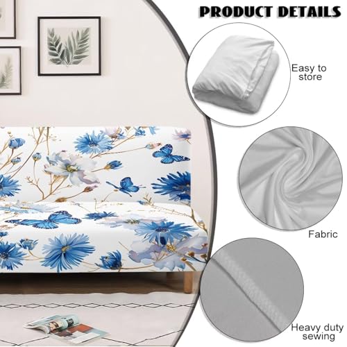 Stretch Futon Cover Without Arms Couch Sofa Bed Slipcover with Elastic Bottom Futon Couch Cover Non-Slip Furniture Protector for Living Room Decoration, Blue Floral Butterfly