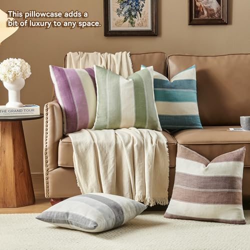 AmHoo Pack of 2 Farmhouse Stripe Check Throw Pillow Covers Set Case Cotton Linen Decorative Pillowcases Cushion Cover for Couch Bench Sofa 18x18 Inch Sage Green