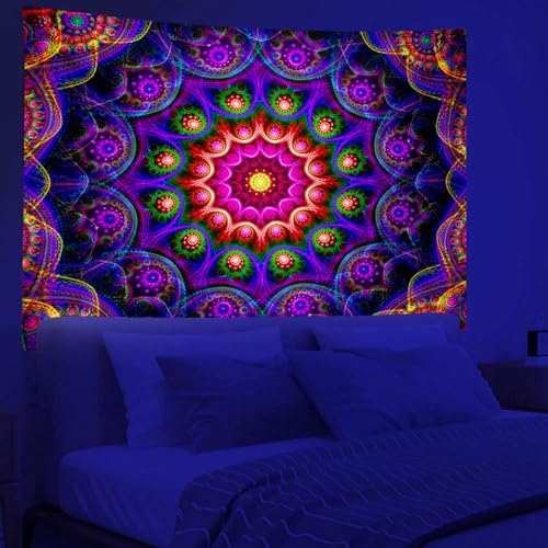PSYHILAR Blacklight Trippy Mandala Tapestry, Boho Black Light Posters for Adults UV Reactive Room Decor for Bedroom Wall (60 x 50 Inches)