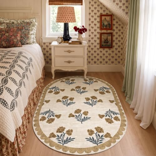 3x5 Oval Rug for Bedroom - Soft Washable Boho Beige Living Room Rug