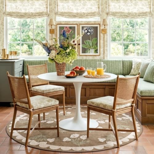Tan 7ft Round Area Rug for Living Room - Washable Floral Circle Rug