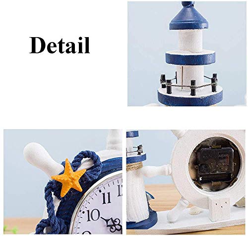 Mediterranean Style Nautical Silent Desk Clock Lighthouse Helm Wooden Clocks Ship Wheel Rudder Shelf Clocks Beach Theme Clock Decor Ornament (7.87"x2.76"x7.87"-Helm Lighthouse)