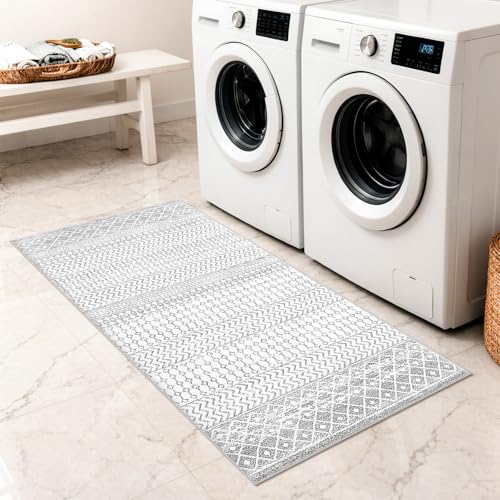 Moroccan Washable Runner Rug, Ivory Gray Entryway Runner Rug
