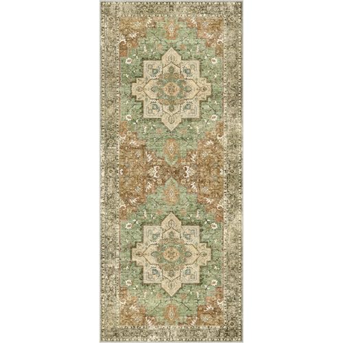 GENIMO 2'6"x6' Washable Runner Rug Non Slip for Hallway, Green Brown Tan