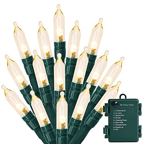 MASHANG Christmas Lights - Battery Operated String Lights 50 LED Xms Mini Lights 8 Modes Green Wire Mini Light Set with Timer for Xmas Tree Wreath Party Indoor Outdoor Decor, Waterproof, Warm White